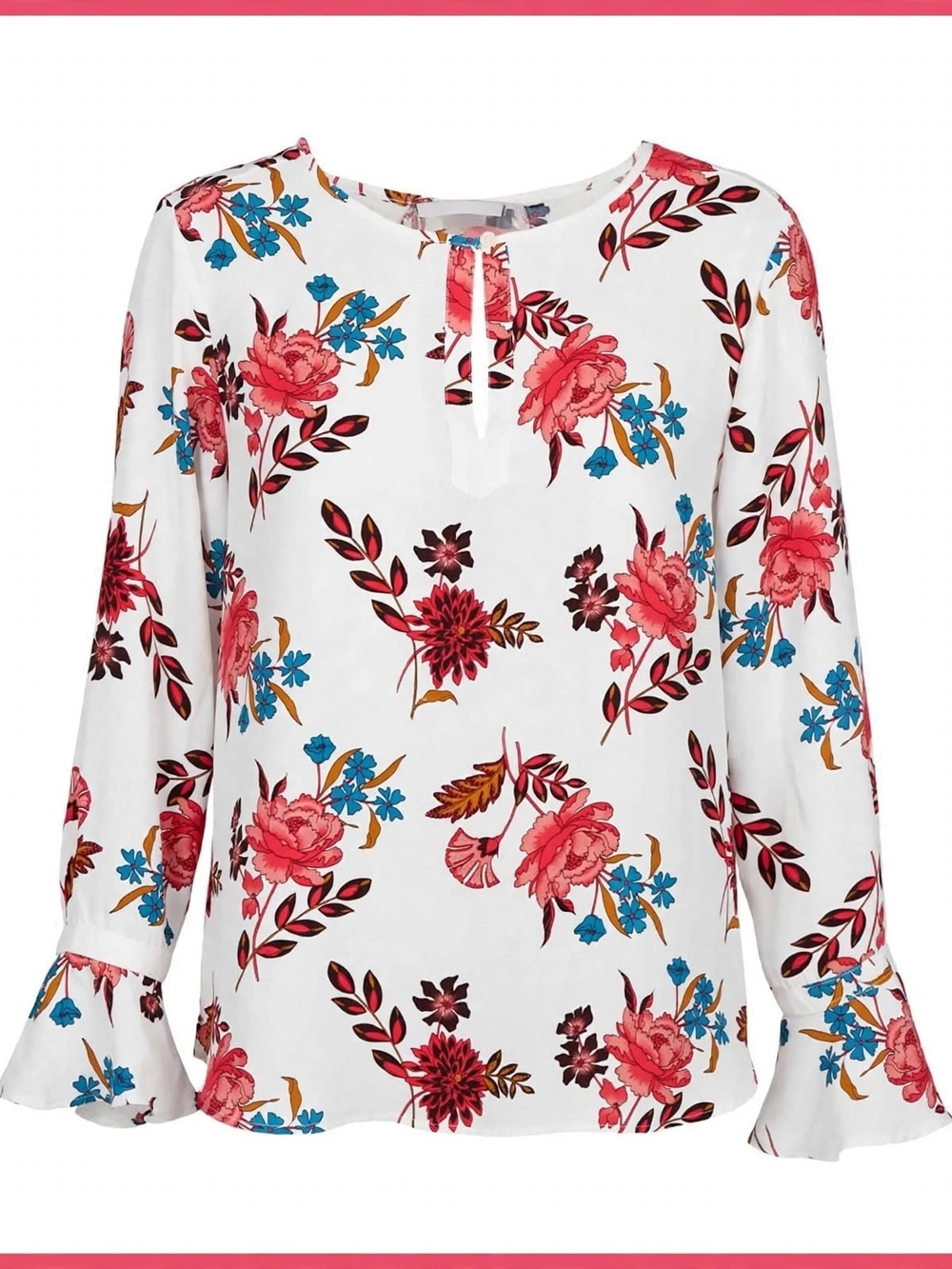 LOFT White Floral Bell Sleeve Blouse - Pink/Blue - Keyhole Button - Size L
